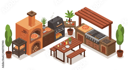Backyard pizza party with outdoor kitchen setup and grills in isometri