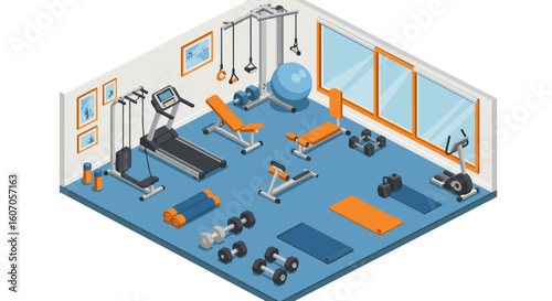 Modern home gym design with isometric fitness equipment set in vibrant