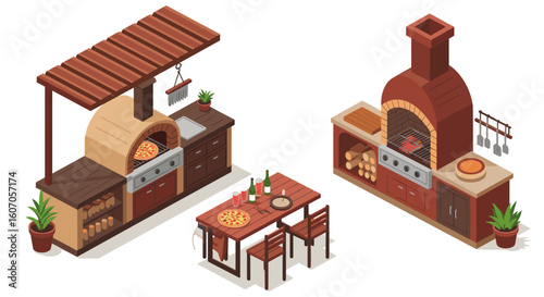 Isometric outdoor kitchen with pizza oven and dining area