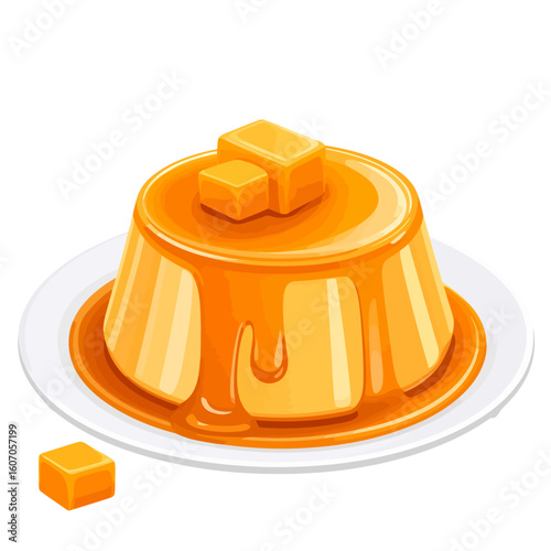Delicious caramel flan pudding with a glossy, dripping amber sauce and candy cubes on top.