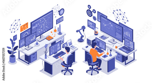 Futuristic office workspace with multiple screens and robotics in isom
