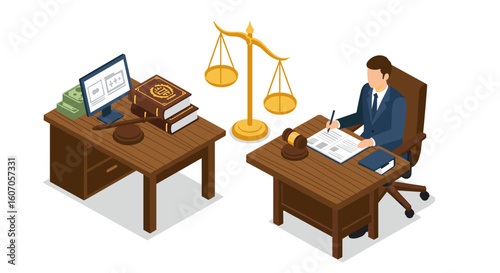 Lawyer working at desk with scale of justice and legal books in isomet