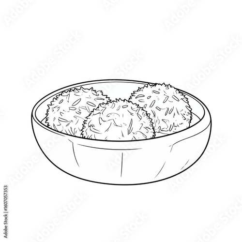 Hand-drawn line art of three coconut truffles with a shredded texture in a bowl.