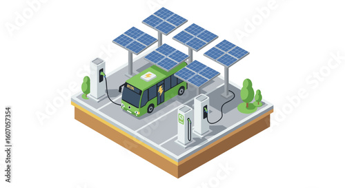 Eco-friendly electric bus charging station with solar panels in isomet