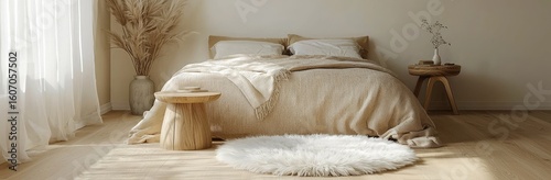 3D rendering of cozy beige bedroom with soft bedding, wooden furniture, dried plants, and white fluffy rug, ideal for interior design showcases, bedroom decor inspiration, and lifestyle branding