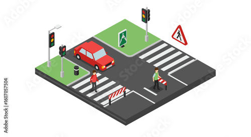 Isometric city intersection with pedestrians and traffic lights
