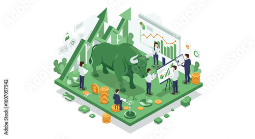 Isometric business growth concept with bull and arrow graphs