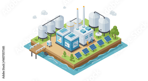 Isometric hydrogen plant with solar panels and storage tanks on floati