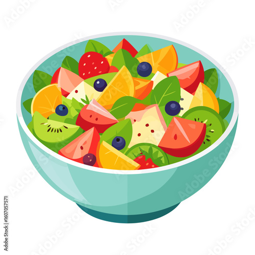 A vibrant and colorful fresh fruit salad in a turquoise bowl, featuring mixed berries, kiwi, and orange slices.