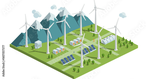Isometric renewable energy landscape with wind turbines and solar pane