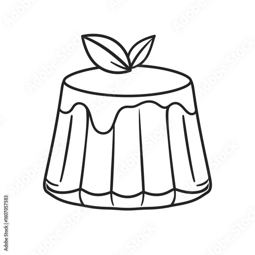 Simple line art of a molded pudding dessert with a dripping glaze and a mint leaf garnish.