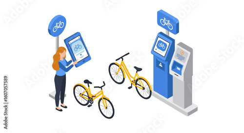 Isometric bike sharing concept with woman using digital kiosk and dock