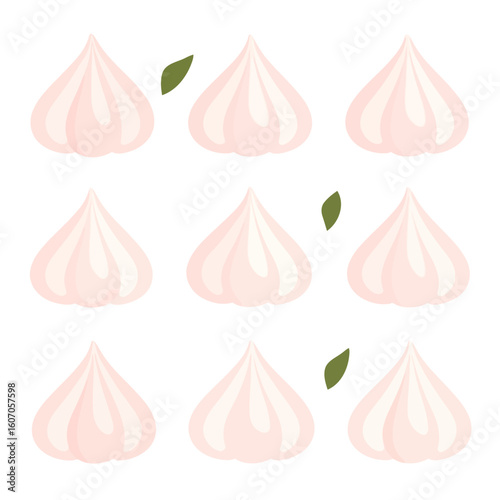 A collection of stylized pinkish-white garlic bulbs with defined cloves and small green leaves, presented in a flat, minimalist illustration style.