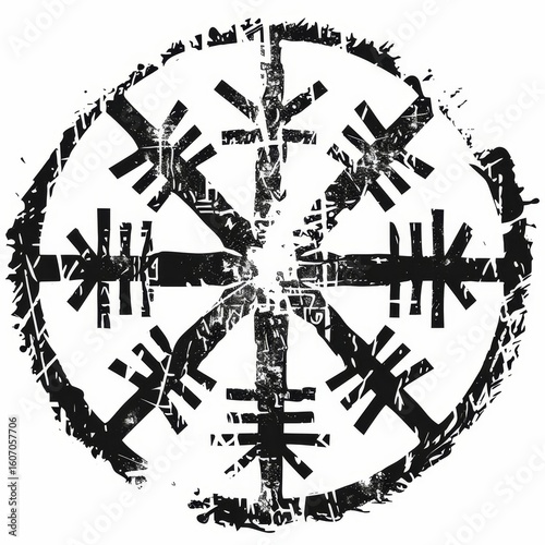 A stylized, black-and-white illustration of the Aegishjalmur, or Helm of Awe, an ancient Icelandic magical stave symbol. The image has a grunge, distressed texture, giving it a raw and powerful aesth