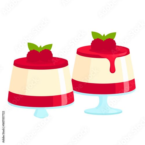 Two servings of creamy panna cotta with raspberry sauce, fresh berries, and mint garnish in glass dishes.