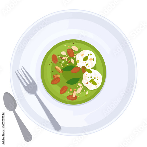 Top view of a green cream soup with mozzarella, almonds, and basil on a white plate.
