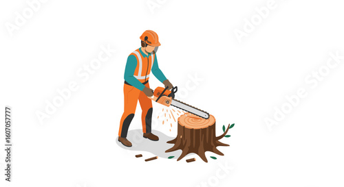 Lumberjack cutting tree trunk with chainsaw in safety gear isometric s