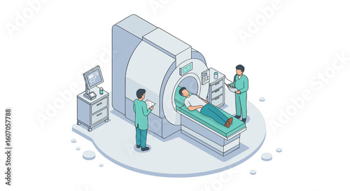 Medical mri scan procedure with doctors in isometric style for health