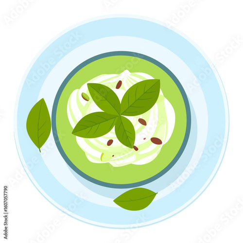 Top-down illustration of a green cream soup garnished with fresh basil leaves, cream swirl, and seeds in a bowl.