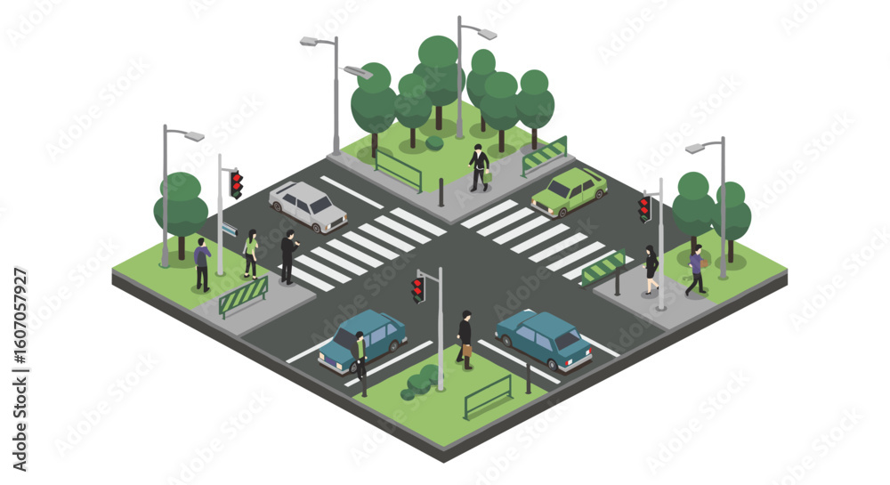 Naklejka premium Urban isometric city intersection with cars and pedestrians at crosswa