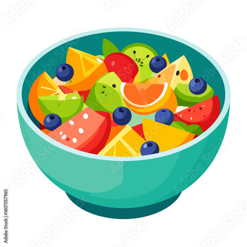 Vibrant fruit salad in a teal bowl, featuring watermelon, kiwi, orange, and blueberries in a flat vector style.