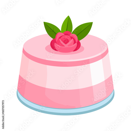 Elegant pink layered pudding dessert with a decorative sugar rose and green leaves on top.