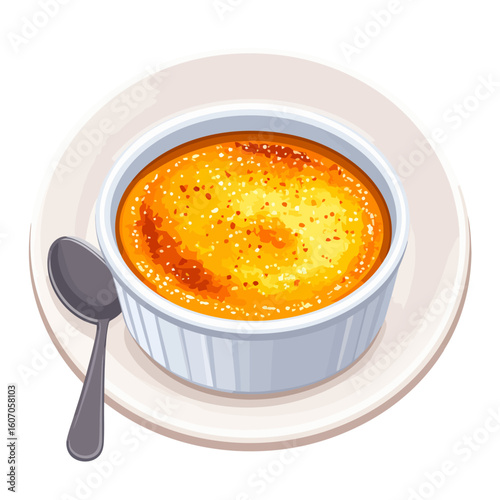 Classic French cr?me br?l?e dessert with a golden caramelized top in a white ribbed ramekin with a spoon.