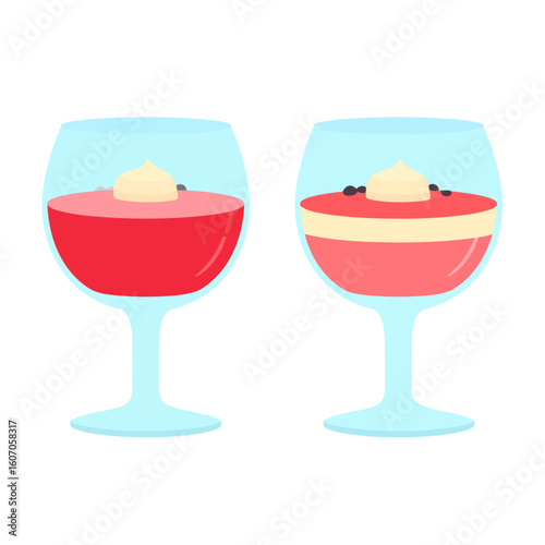 Minimalist illustration of two wine glasses with red jelly and layered panna cotta desserts, topped with cream.