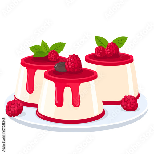 Trio of creamy panna cotta desserts with dripping raspberry sauce, fresh berries, and mint garnish.