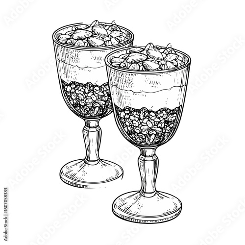 Hand-drawn sketch of two layered yogurt parfaits with granola and almonds in elegant stemmed glasses.