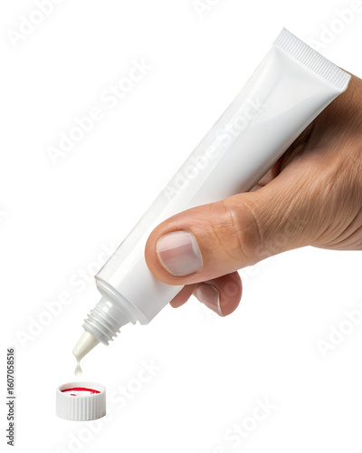 A hand holding a white tube of cream, dispensing a small amount onto a red-capped container. The background is transparent, emphasizing the objects.