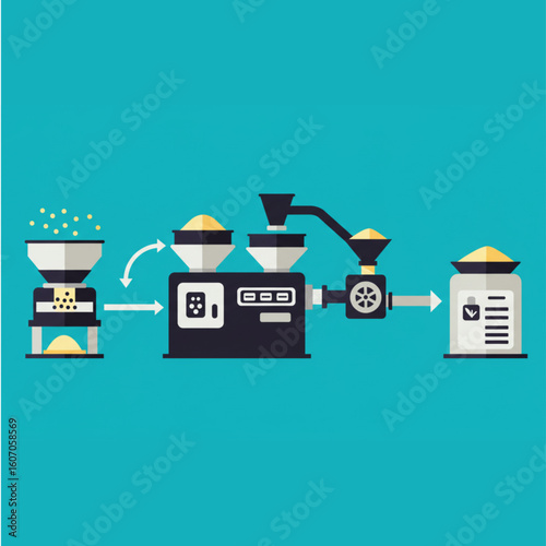Modern industrial process diagram showing automated coffee bean roasting and packaging.
