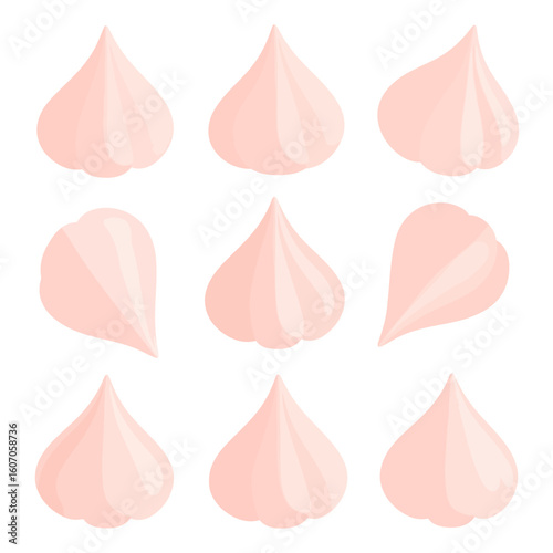 Set of nine pastel pink meringue kisses with a smooth, swirled texture. A sweet dessert illustration.