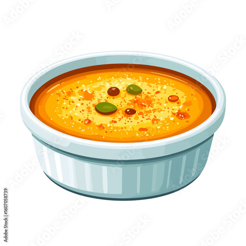 Golden custard dessert with pistachio and crumb topping in a white fluted ramekin.