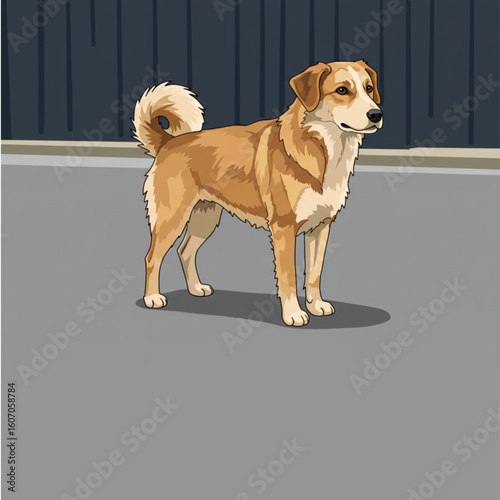 Loyal companion stands alert on street, ready for adventure and companionship, a trusted friend.