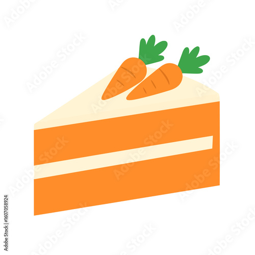 A delicious slice of layered carrot cake with cream cheese frosting, topped with two cute carrot decorations.