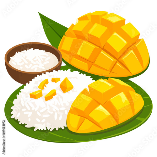 Vibrant illustration of Thai mango sticky rice dessert with ripe, cubed mango and sweet coconut milk, served on a green banana leaf.