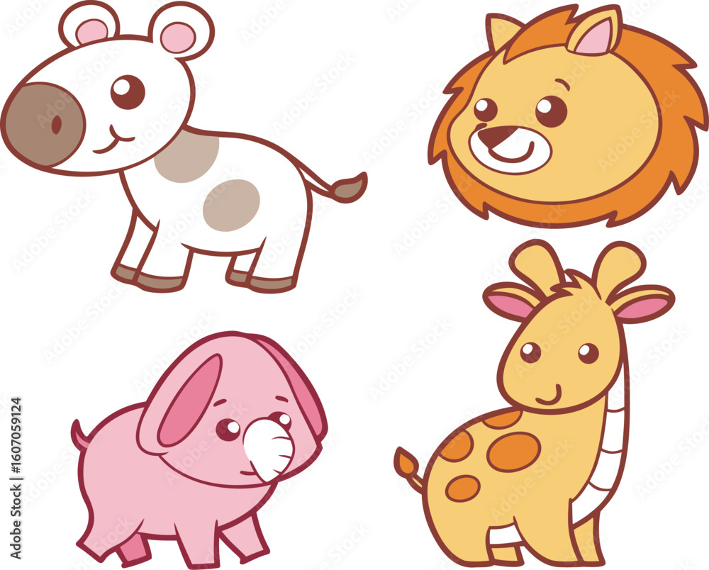 Obraz premium Cute Cartoon Animals Zebra, Lion, Elephant, and Giraffe