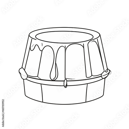 Minimalist line art of a classic flan dessert, showing dripping caramel sauce over a molded pudding.