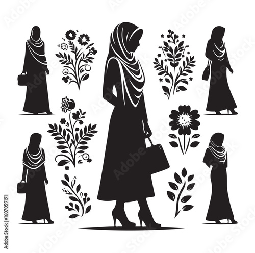 hijab style standing vector silhouette design white background