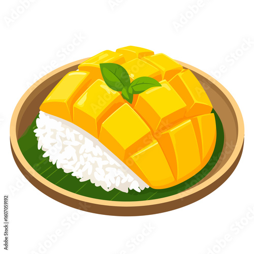 Thai Mango Sticky Rice dessert with diced yellow mango, sweet rice, and a mint garnish on a banana leaf in a wooden plate.