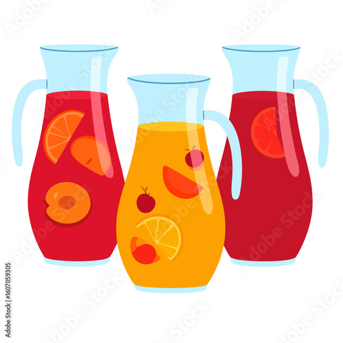 Three glass pitchers of red and yellow fruit punch with orange, cherry, and apricot slices.