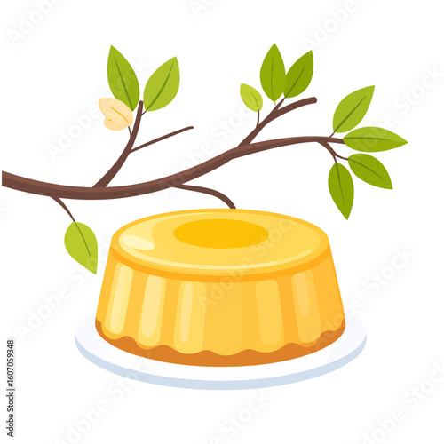 Glossy yellow flan pudding on a plate, decorated with a fresh green leafy branch.