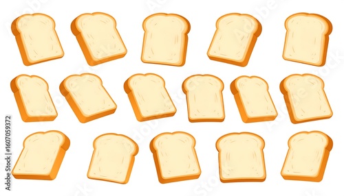 Bread slices in various angles on a white background