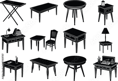 A collection of vintage tables and desks isolated on transparent background