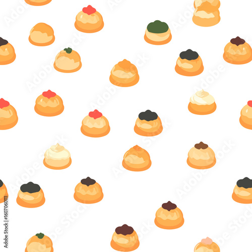 Assortment of choux pastry cream puffs with colorful sweet toppings like chocolate, cream, jam, and matcha.