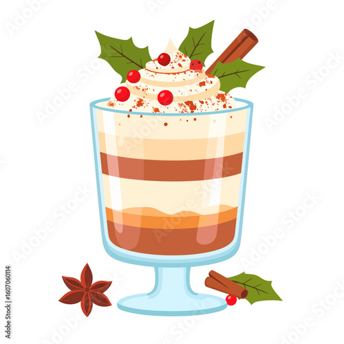 Layered holiday dessert with whipped cream, holly berries, and cinnamon garnish.