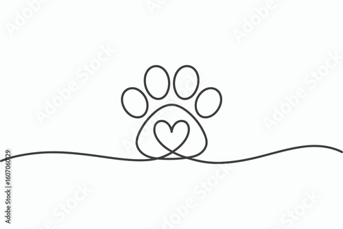 Minimalist single line paw print with heart design