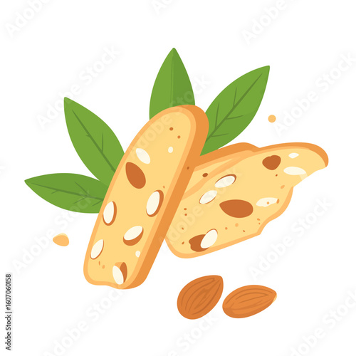 Two crunchy almond biscotti slices with whole nuts and fresh green leaves, flat vector illustration.