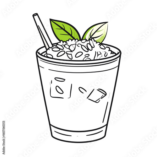 A hand-drawn illustration of a refreshing iced drink with crushed ice, a straw, and a vibrant green mint garnish.